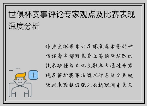 世俱杯赛事评论专家观点及比赛表现深度分析