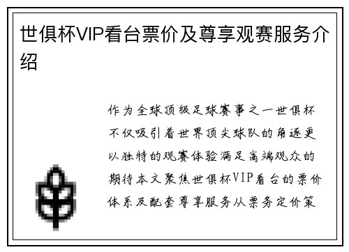 世俱杯VIP看台票价及尊享观赛服务介绍